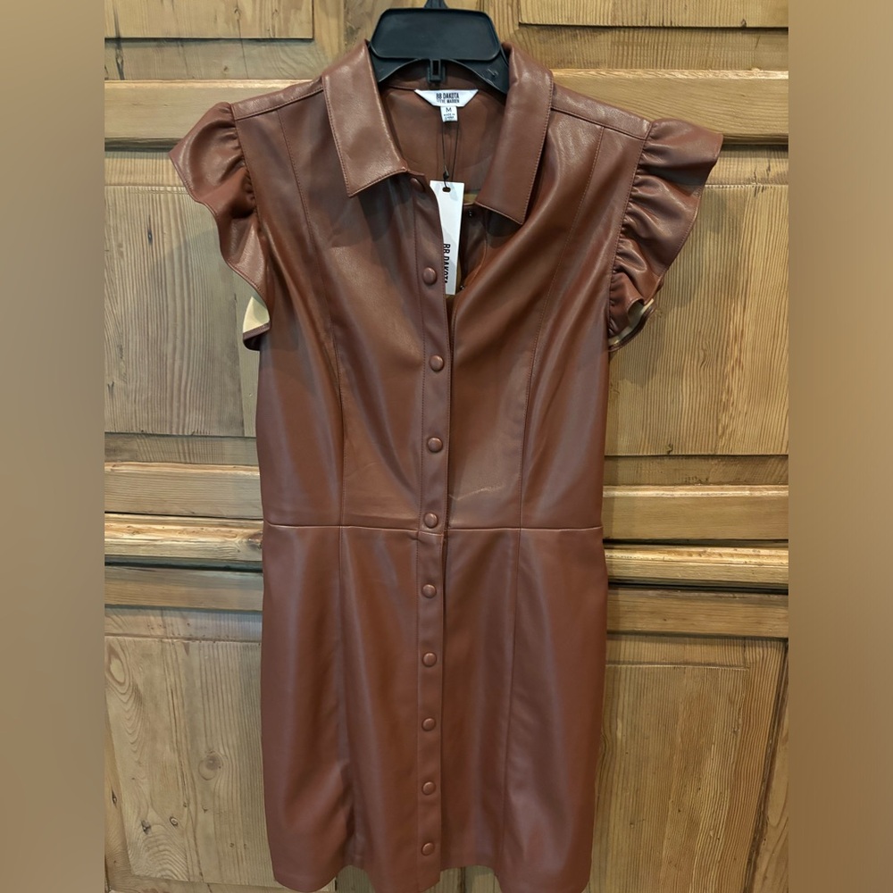 Brand new leather dress, brown and soft, ruffled sleeves.